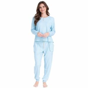 Ocean Pacific Women's Waffle Knit Pajama Set Sz Large Light Blue/White Dot NWT